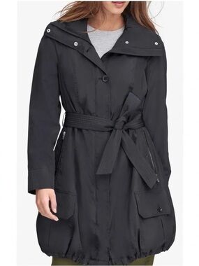 Andrew Marc New York Navarre Black Hooded Belted Rain Trench Coat Jacket Medium